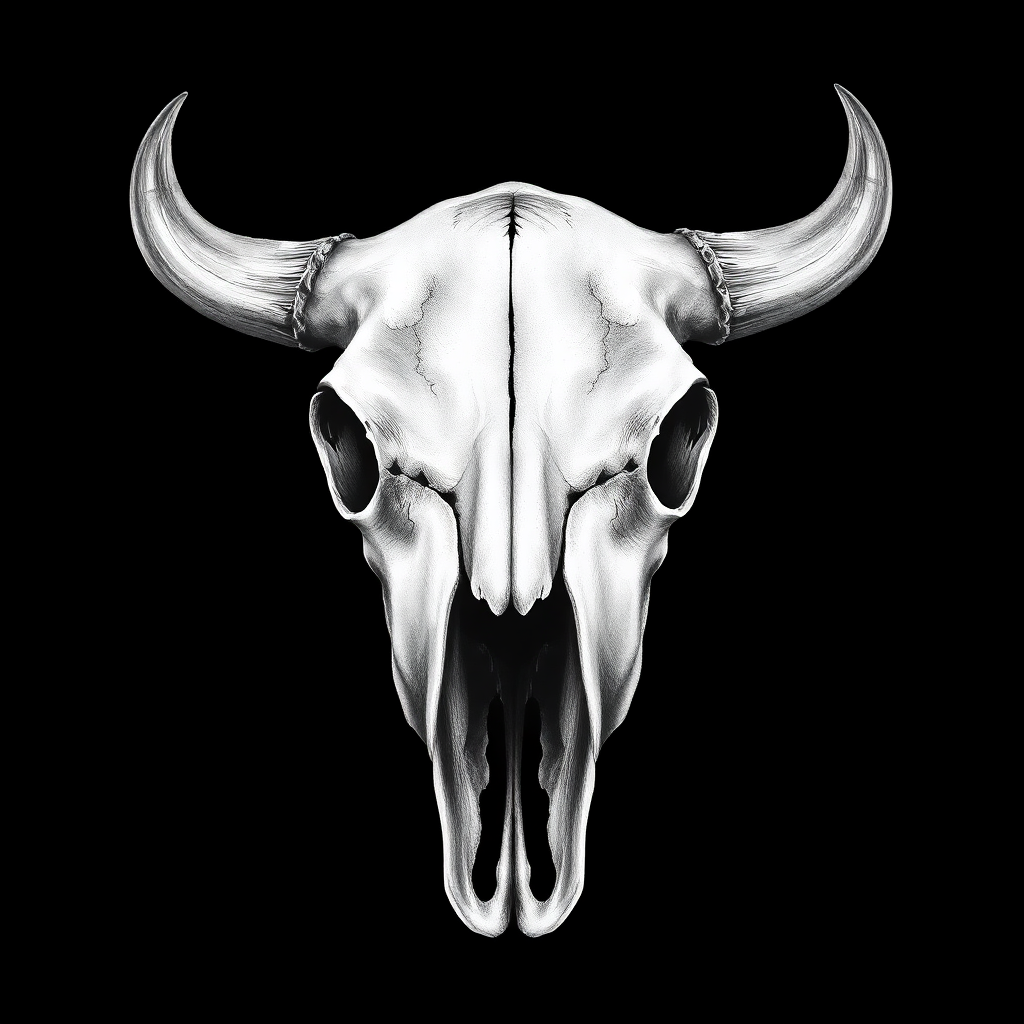 A photorealistic black and white charcoal drawing of a bull skull, emphasizing its intricate details and bone structure.