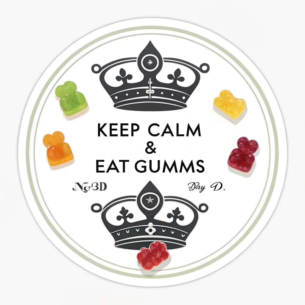 Simple Logo Idea: A stylized crown icon where the prongs or jewels of the crown are subtly shaped like tiny gummi bears. Below this crown, the text 'KEEP CALM & EAT GUMMIS' in a clean, modern sans-serif font. The initials 'NGBD - Day Ed.' could be placed discreetly beneath or alongside as a small signifier.