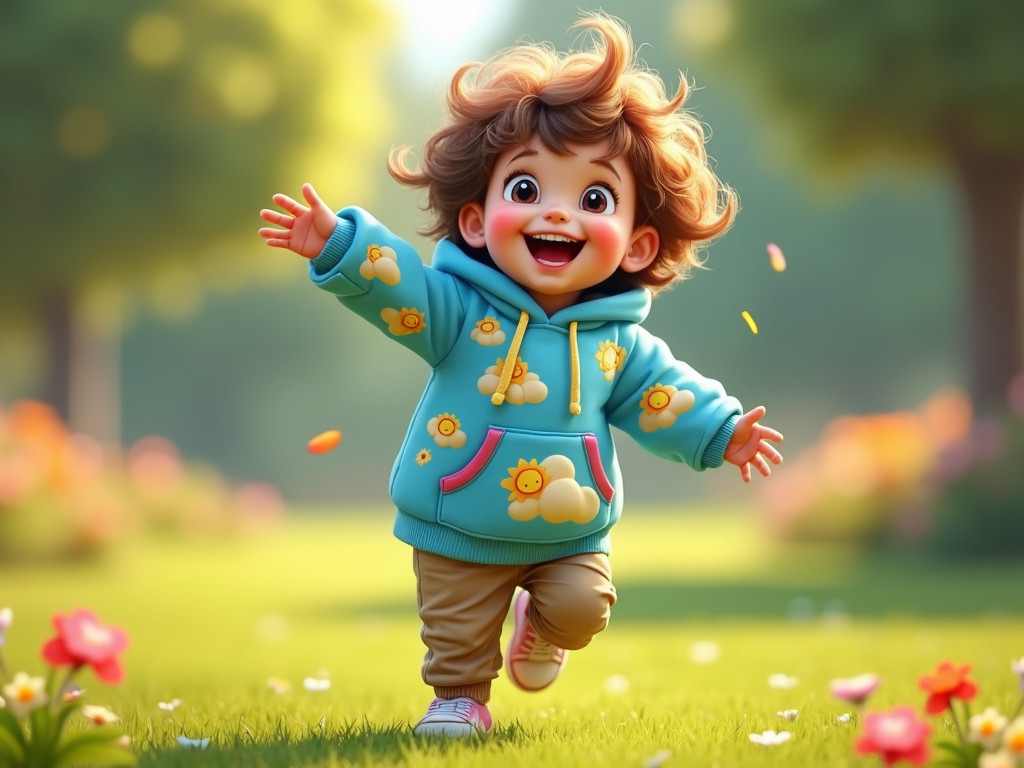 Children's cartoon hoodie featuring smiling sun and cloud patterns on a pastel blue background.