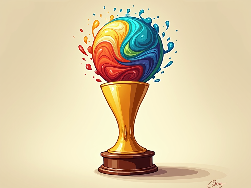 A surreal illustration of the NBA Trophy with the basketball replaced by an abstract orb of swirling colors. The base remains realistic, providing stark contrast to the imaginative and vivid interpretation of the ball.