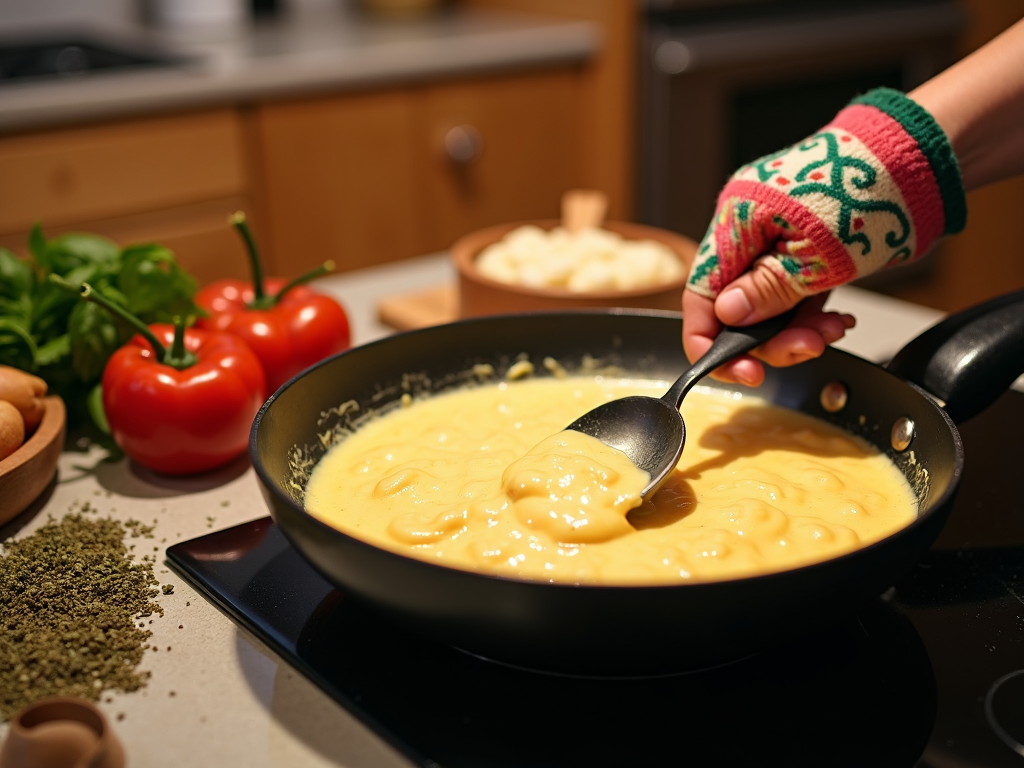 Baked ziti cooking on a stovetop with the aroma of Italian spices filling the room, showing a hand stirring the creamy cheese sauce before pouring it over the pasta.