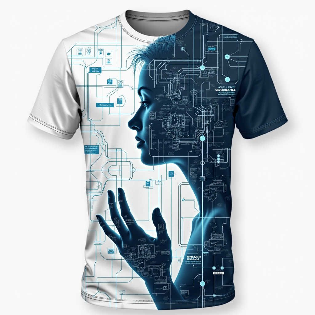 System Architect Blueprint: A T-shirt displaying a clean, technical blueprint design of a complex system (like server architecture or network diagrams). A subtle female profile or hand is integrated, as if she's the visionary or architect behind it. Tagline: 'More Than Just a User Interface. Architect of the Unseen.'
