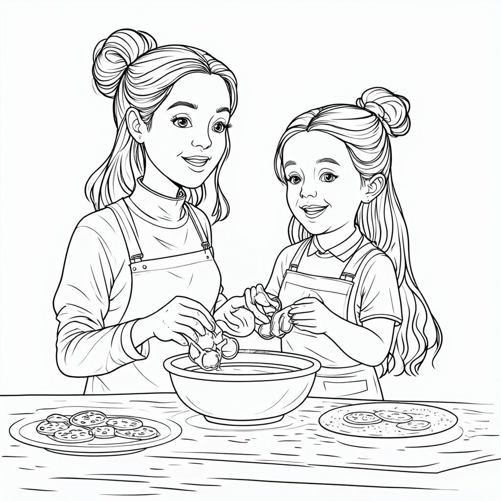 A cozy kitchen scene showing a mother and child baking together. Elements could include mixing bowls, cookie cutters, rolling pins, and a plate of freshly baked cookies or muffins, with flour playfully dusted around.