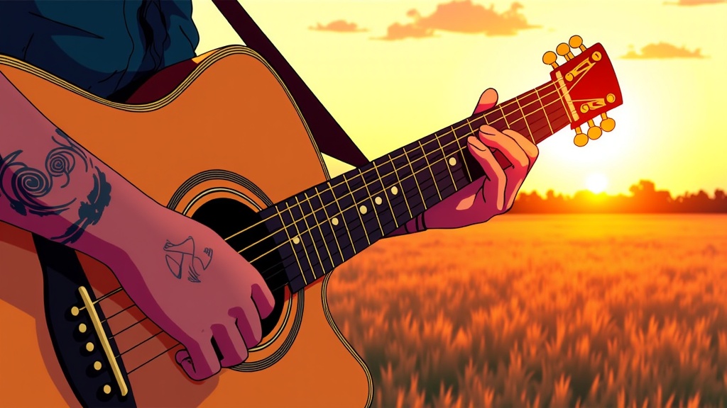 Close-up illustration focusing on Post Malone's hands playing an acoustic guitar, with the background being a soft-focus, painterly representation of a countryside sunset. Subtle iconic Post Malone tattoos could be visible on his hands.