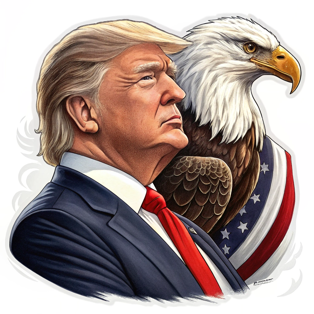 A sticker featuring Donald Trump with a majestic bald eagle perched on his shoulder, both looking determined.