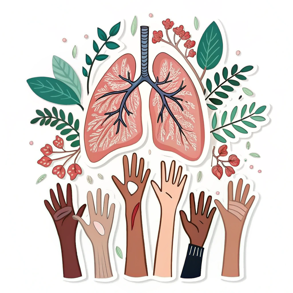 A group of diverse, uplifted hands gently supporting a pair of healthy lungs, symbolizing community support and awareness for living well with asthma.