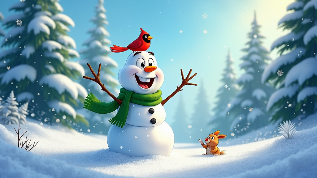 The image shows a snowman with a red bird perched on top of it, surrounded by a wintery landscape of snow-covered trees and plants. The sky is visible in the background, creating a peaceful atmosphere.