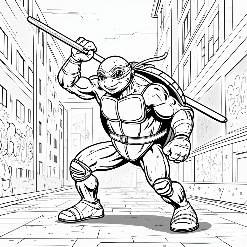 The image shows a sketch of a teenage mutant ninja turtle, Raphael, holding a weapon in his hand, standing in front of a backdrop of buildings. He is wearing his signature red bandana and has a determined expression on his face, ready to take on any challenge.