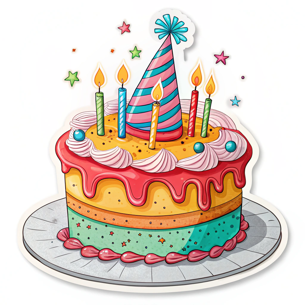 A sticker with a birthday cake wearing a party hat.