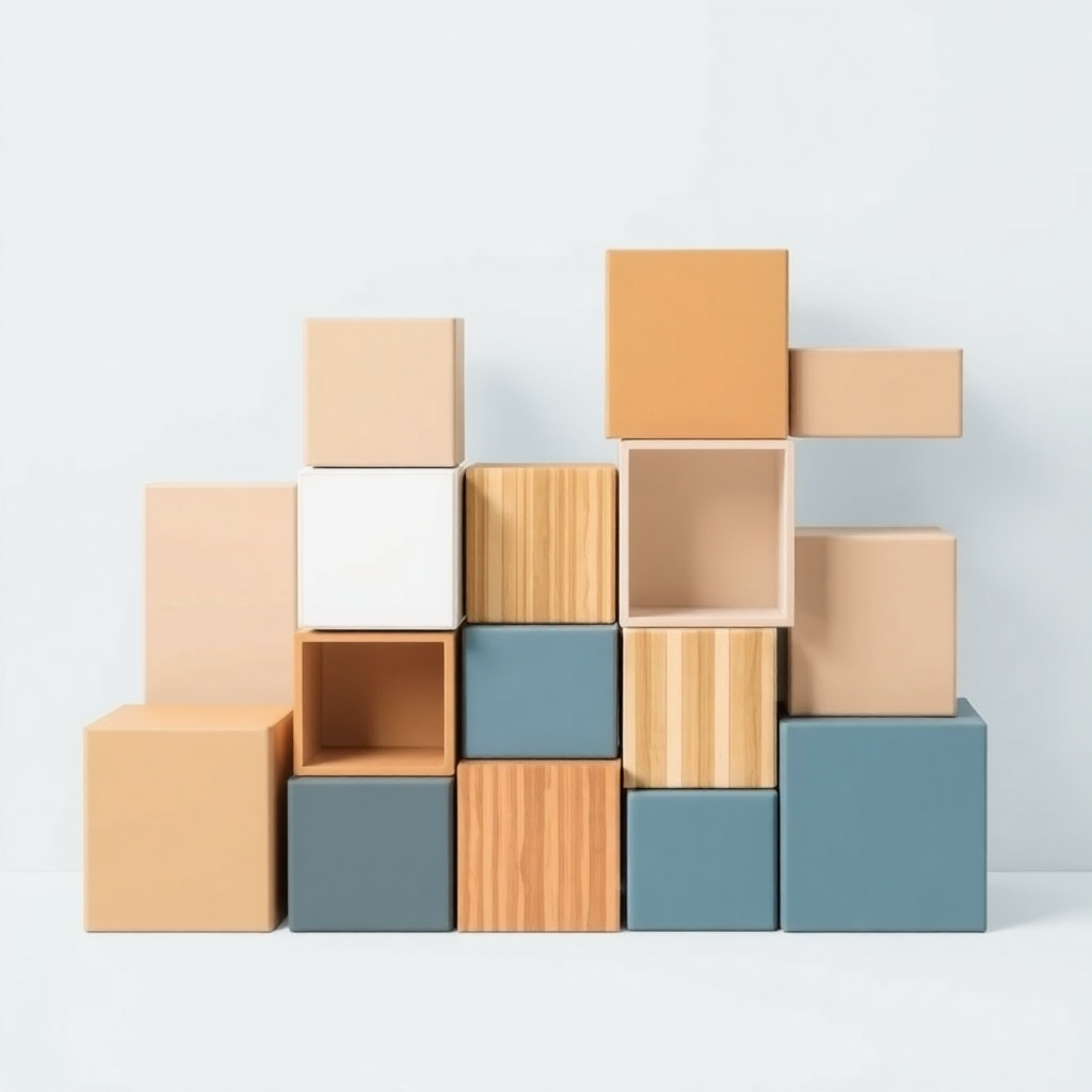 A collection of stackable and connectable cubes or boxes of different sizes and materials, allowing for versatile storage solutions and room dividers.