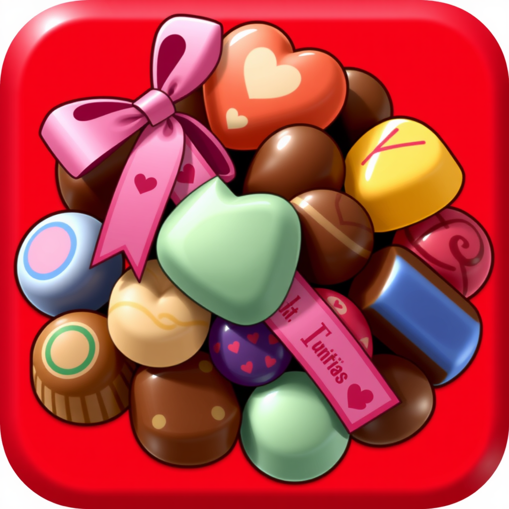 Pile of assorted chocolates with a Valentine's Day ribbon icon.