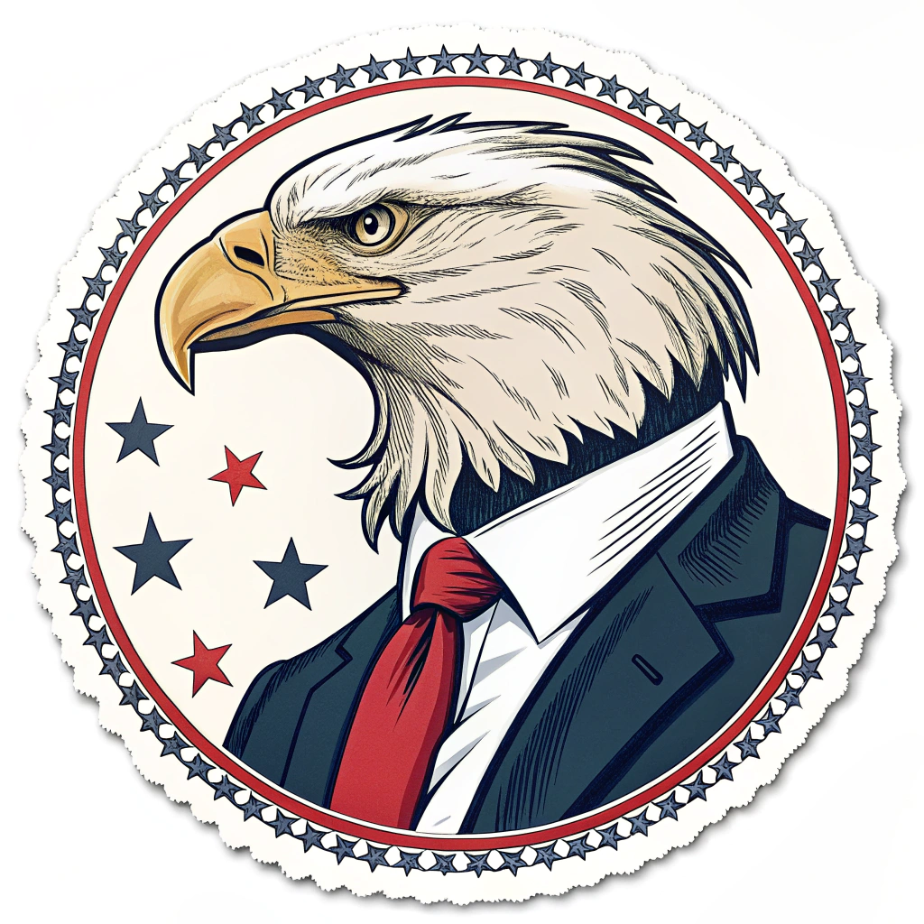 An eagle, rendered in a bold graphic style, with Trump's distinctive hair and tie replacing its head and neck, set within a classic seal design.