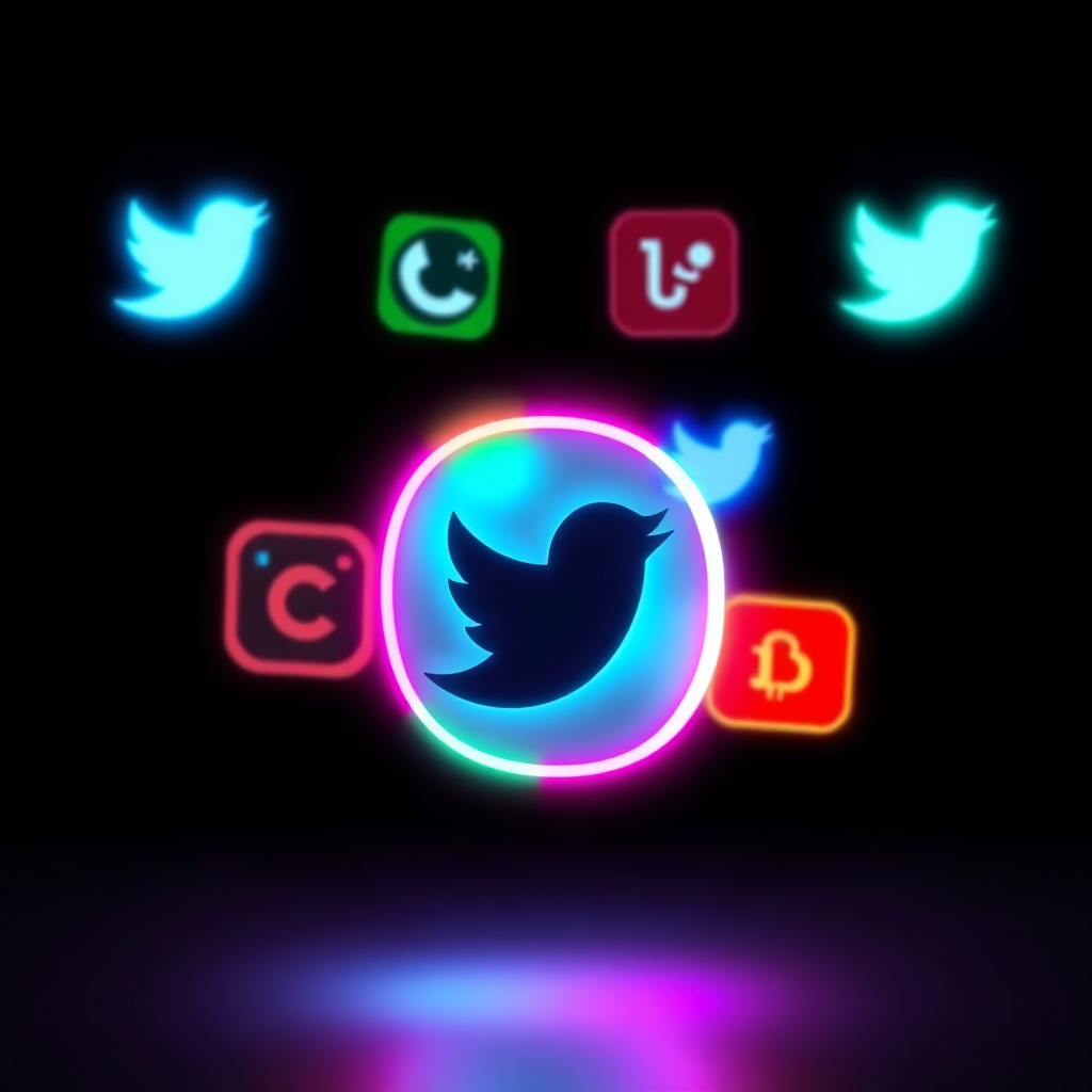 Sub-design Idea 2: Glitching Light Projections - Icons are rendered as slightly unstable holographic projections with occasional light glitches, emphasizing their digital, projected nature. The primary color of the social network could be the dominant light emission color.