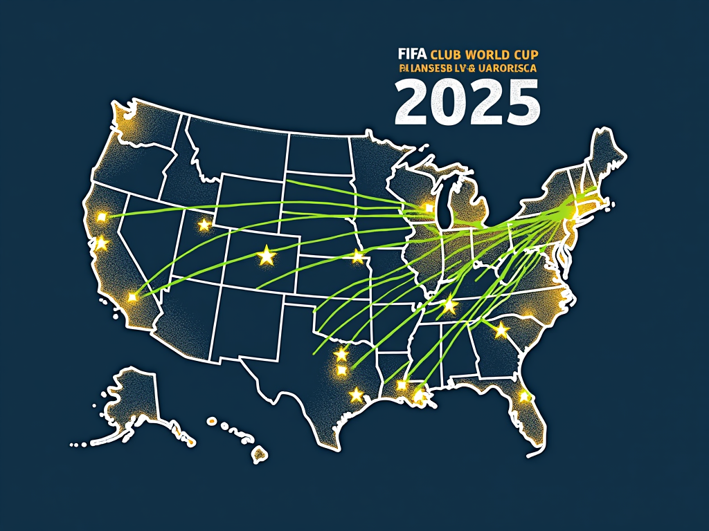 Design Idea 5: 'Coast to Coast Celebration'. A T-shirt with a map-inspired graphic. Features a stylized outline of the USA with key potential host cities highlighted using star or soccer ball icons. Dynamic lines or pathways connect these cities, symbolizing the travel and convergence of clubs for the tournament. Text elements: 'FIFA Club World Cup 2025: Across America', 'From Every Corner, One Champion'. Color scheme: Modern and clean, using a palette of blues, grays, with a bright accent color (like electric green or gold) for the connecting lines and city markers.