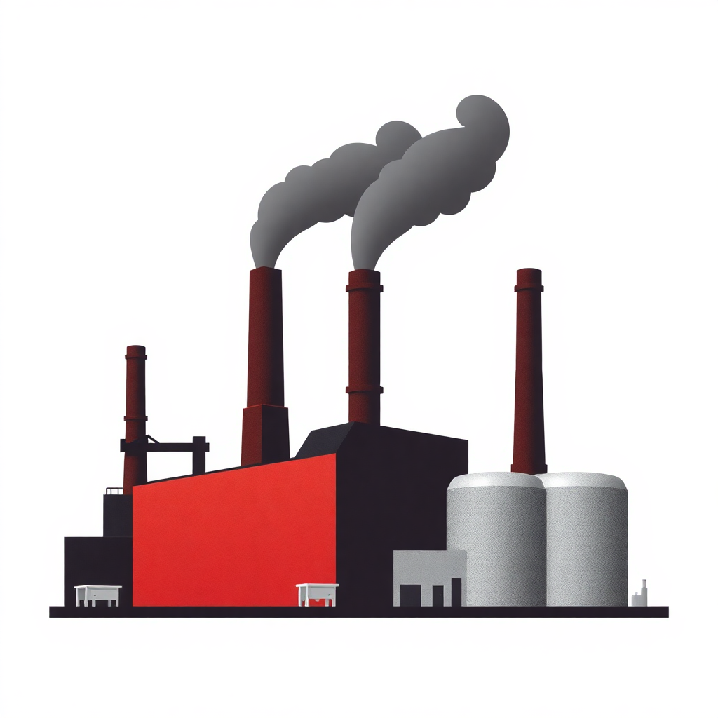 The image is an illustration of a factory with three tall chimneys emitting black smoke. The chimneys are red and black in color and are arranged in a triangular formation. The factory has a large red building with a black roof and a white chimney on the left side. On the right side of the image, there are two large white silos. The background is plain white. The image appears to be a flat design with a simple and minimalistic style.