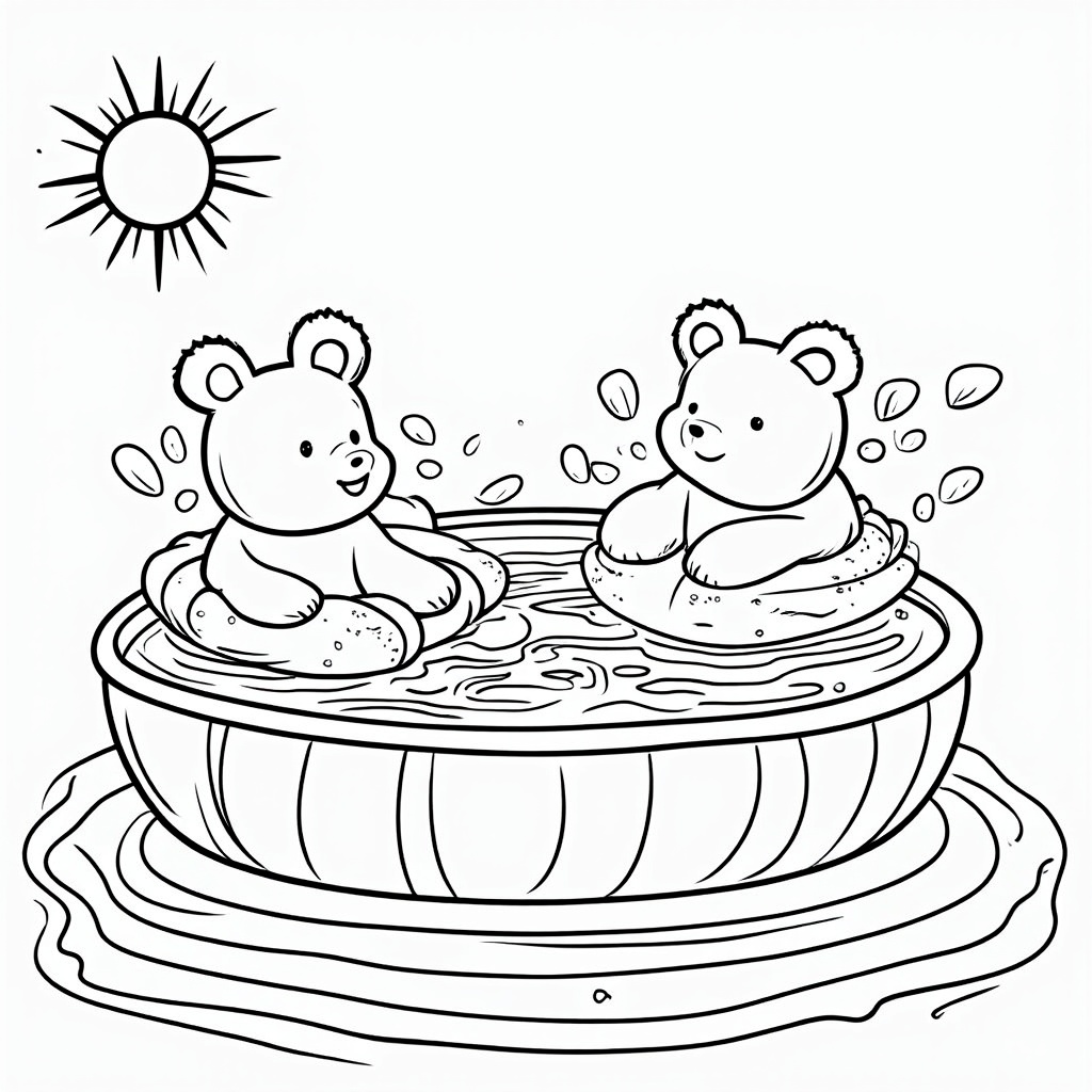 Gummy bears splashing and playing in a lemonade pool, floating on gummy candy rafts, with a gummy sun shining.