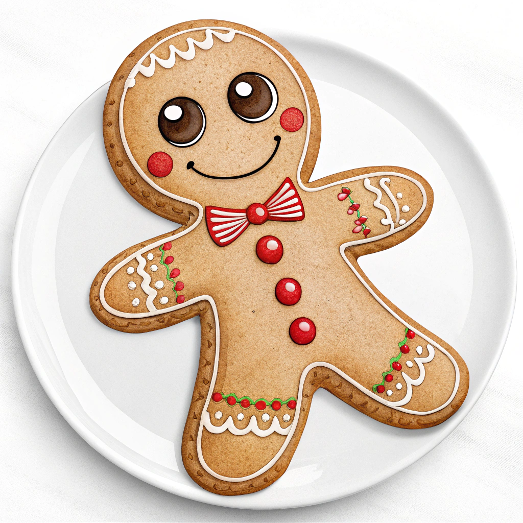 The image shows a white plate with a gingerbread man cookie on it. The cookie is decorated with colorful icing and sprinkles, giving it a festive look.