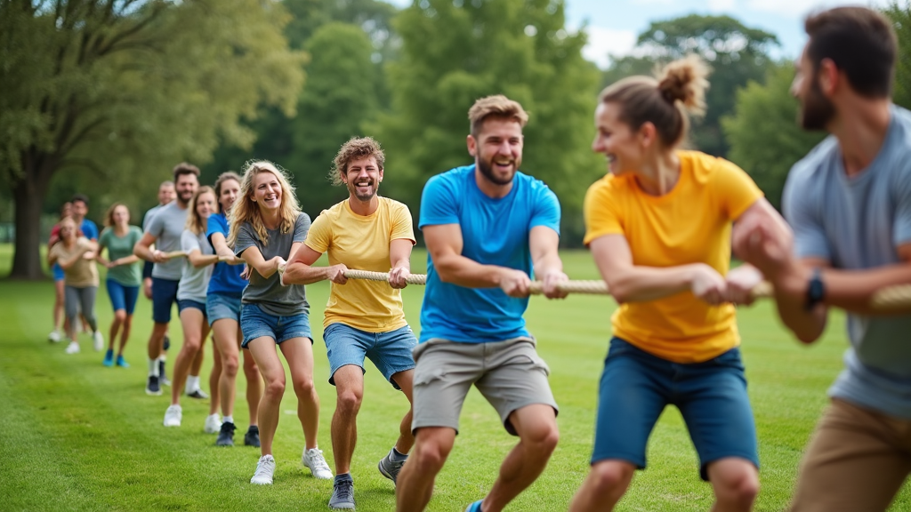 An outdoor teambuilding event with employees participating in team challenges, set against the backdrop of a picturesque park setting.