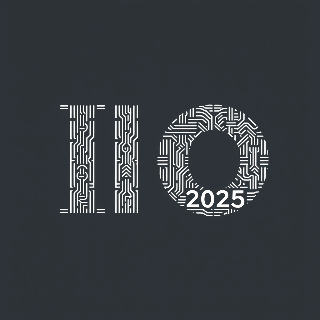 Algorithmic Weave: A stylized 'I' and 'O' where the letterforms themselves are composed of intricate, algorithm-like patterns that seem to self-generate and intertwine, subtly embedding '2025' within the weave.