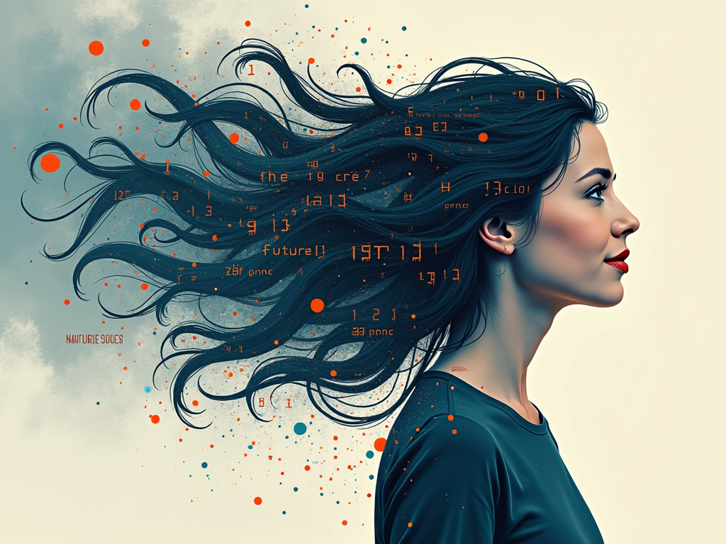 Stylized Woman & Binary Flow: An artistic profile of a woman where her hair or thoughts visibly transform into flowing binary code (0s and 1s) or abstract programming symbols. The slogan 'The Future is Coded by Her' is incorporated elegantly, perhaps along the flow of the code or neatly underneath.