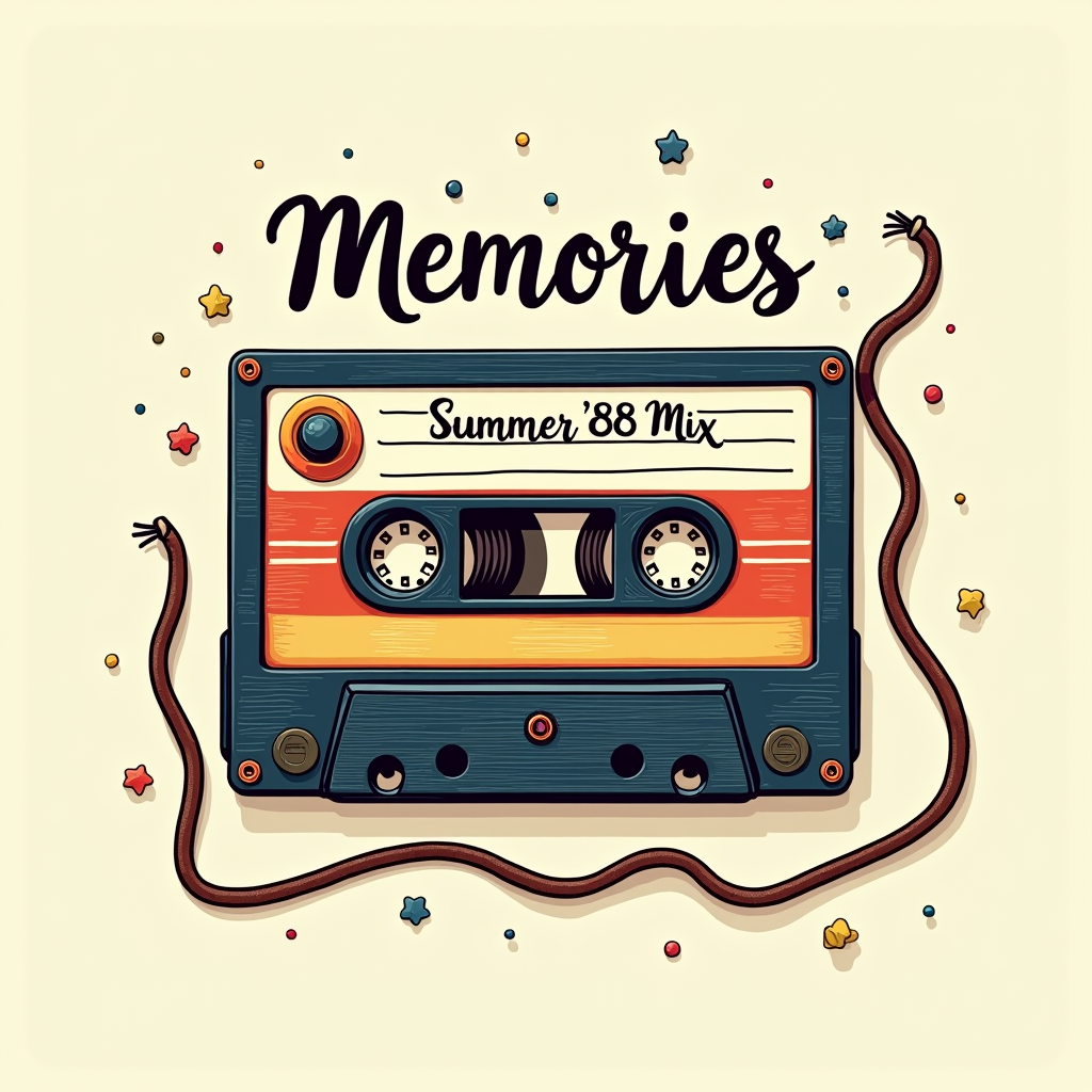 A detailed illustration of a vintage cassette tape with a customizable 'handwritten' label (e.g., 'Summer '88 Mix' or 'Nostalgia Vibes'), possibly with unspooled tape forming a nostalgic pattern or word.