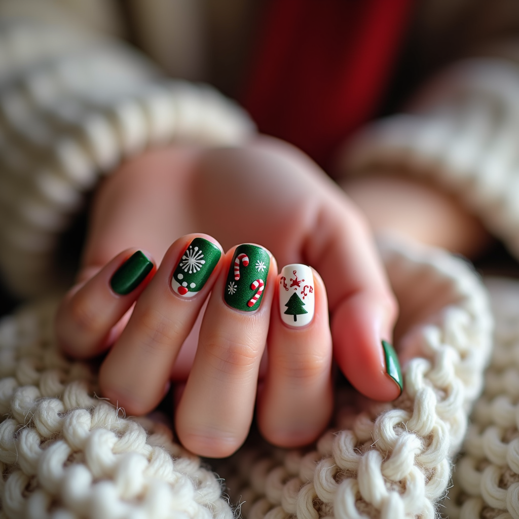  a close-up of a person's hand resting on a white knitted blanket. The nails are painted with a festive design, featuring a green base color with white snowflakes, candy canes, and a Christmas tree. The design is symmetrical and covers the entire ring finger. The background is blurred, making the nails the focal point of the image.