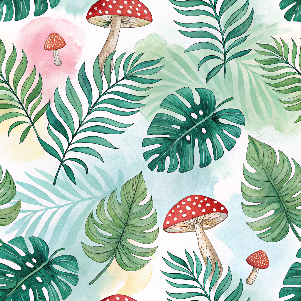 A lush pattern of tropical leaves and detailed mushrooms set against an abstract watercolor background.