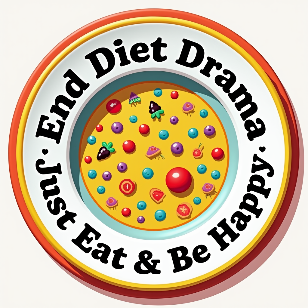 Design 3: The Happy Plate. A design featuring a stylized plate. Instead of food, the plate contains symbols of joy and peace, or perhaps a very stylized, colorful abstract pattern that represents a variety of enjoyable foods without being literal. The slogan 'End Diet Drama: Just Eat & Be Happy' curves around the edge of the plate or is placed neatly below.