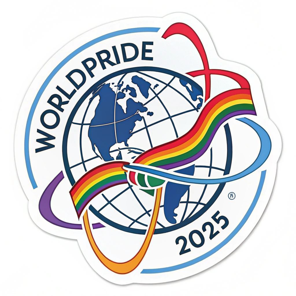 WorldPride 2025 Emblem integrated with a stylized globe, showcasing interconnected lines or rainbow paths between continents to symbolize global unity.