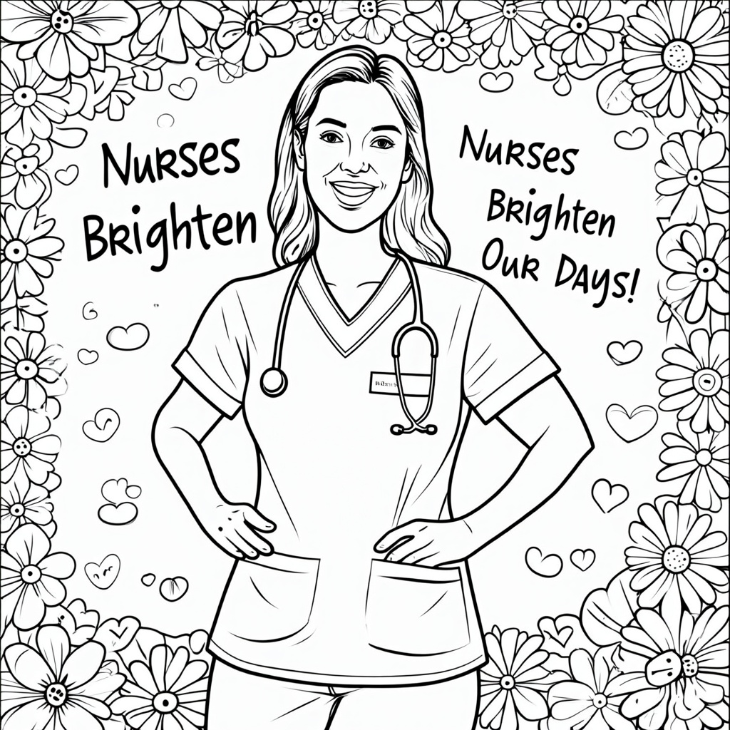 Illustration of a nurse with a warm, caring smile, stethoscope around her neck, surrounded by a pattern of oversized, whimsical flowers and floating hearts. The text 'Nurses Brighten Our Days!' can be woven into the background for coloring.