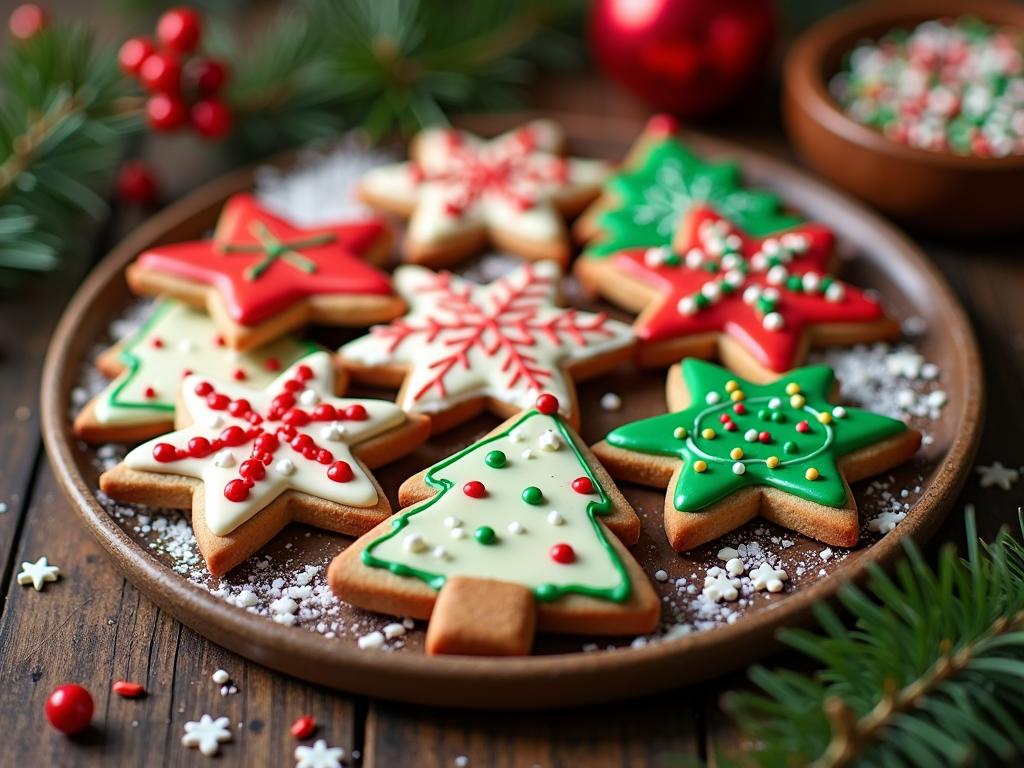  a plate of decorated Christmas cookies on a wooden table. The cookies are in the shape of Christmas trees and are arranged in a circular pattern on the plate. There are nine cookies in total, each with a unique design. The first cookie in the center is a star-shaped cookie with red and white icing, the second one is a Christmas tree with green icing, and the third one is decorated with red icing and white sprinkles. The plate is surrounded by pine branches and red berries, and there is a small bowl of sprinkles on the right side of the image. The background is blurred, but it appears to be a rustic wooden table with more Christmas decorations.