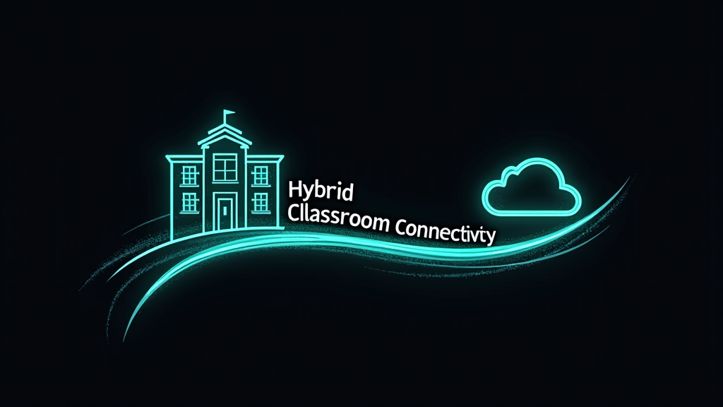 Abstract waveform/bridge: Depict a digital waveform or a stylized bridge transitioning between a school building icon on one side and a cloud/wifi icon on the other. Place 'Hybrid Classroom Connectivity' along the bridge/waveform.