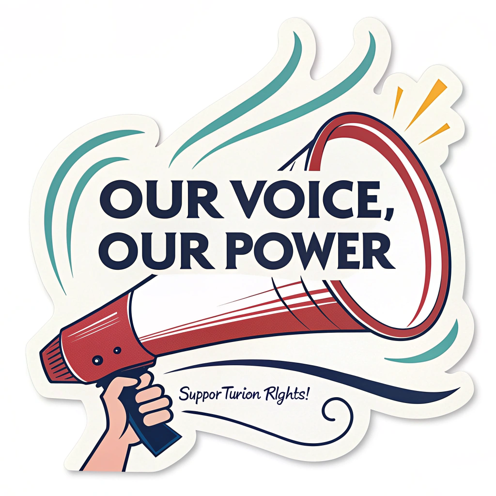 Sticker Design Idea 4: A megaphone graphic with the words 'OUR VOICE, OUR POWER' emanating from it as stylized sound waves. Include 'Support Union Rights!' as smaller, impactful text below.