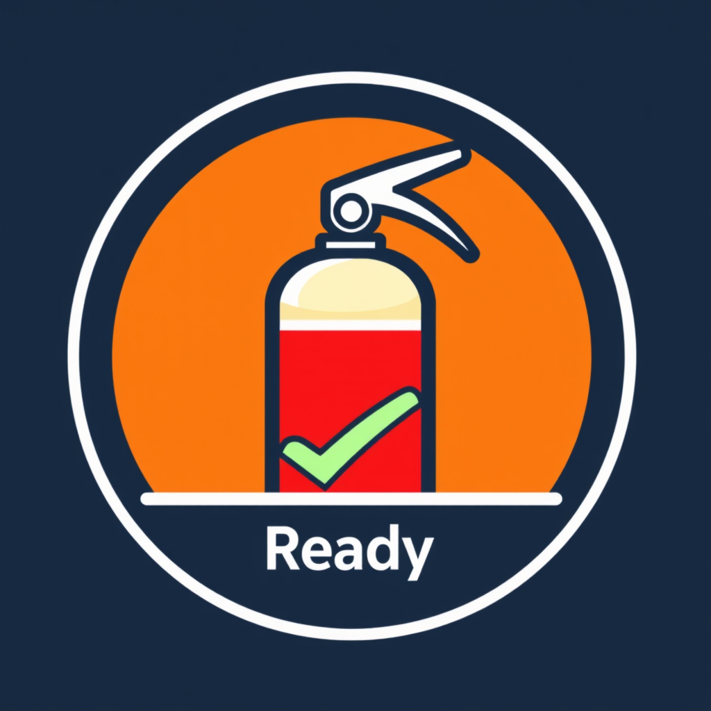 A minimalist logo showing a fire extinguisher with a prominent 'Ready' checkmark, ensuring immediate usability.