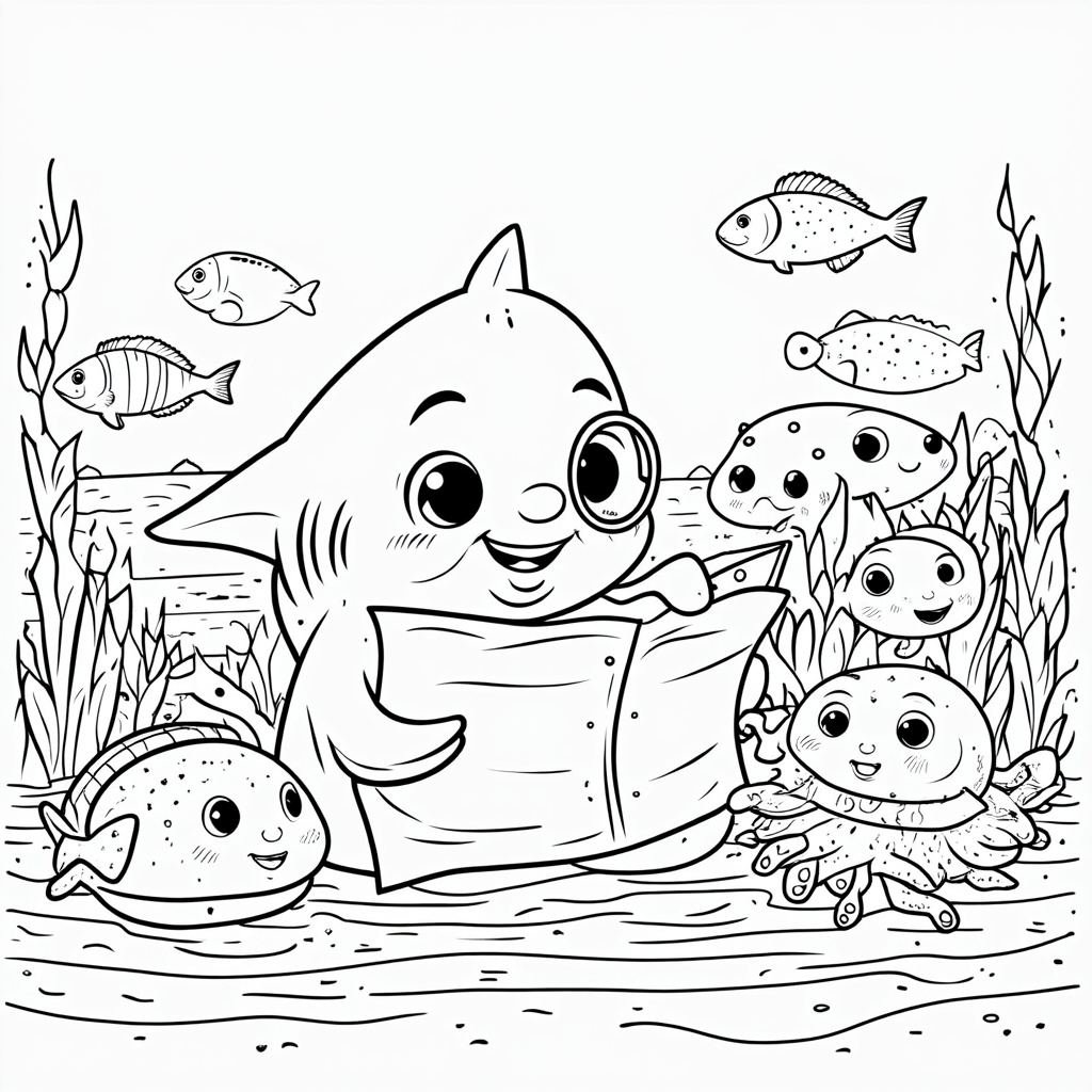 Smart baby shark wearing a monocle and reading a treasure map, surrounded by ocean critters intrigued by the scene.