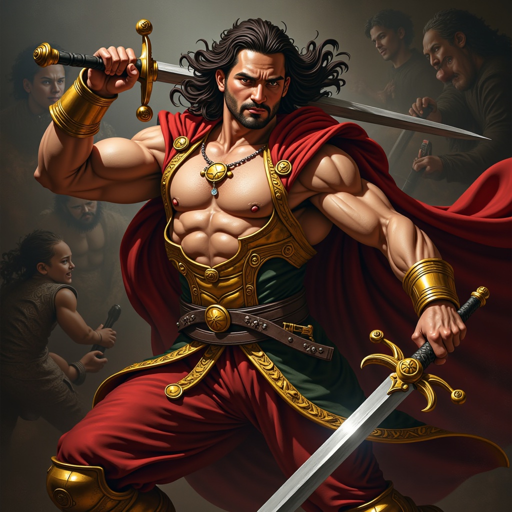 Concept 2: 'Baroque Action Hero'. A poster for a modern action film where the central hero is depicted with the dramatic lighting, rich textures, and dynamic poses characteristic of Caravaggio or Rubens, all rendered by an AI.