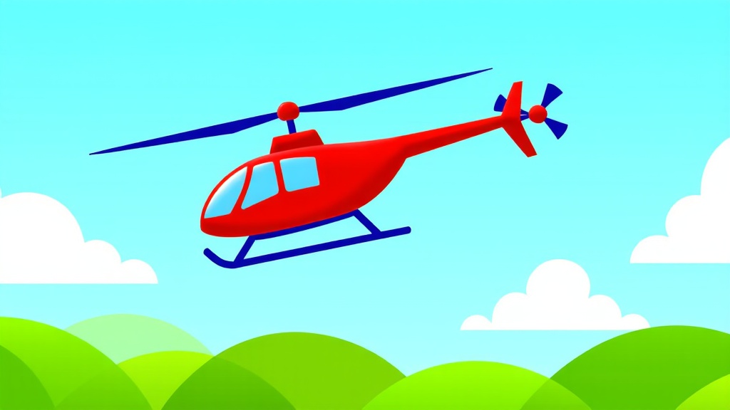 The image is a digital illustration of a red helicopter flying over a green landscape. The helicopter is in the center of the image, with a blue sky and white clouds in the background. The sky is a bright blue with a few wispy clouds scattered across it. The landscape below is a mix of green hills and trees, with some areas of the hills appearing to be more densely packed together. The hills are a vibrant green color, and the trees are a lighter shade of green. The image has a cartoon-like quality to it, with bright colors and a playful and whimsical feel.