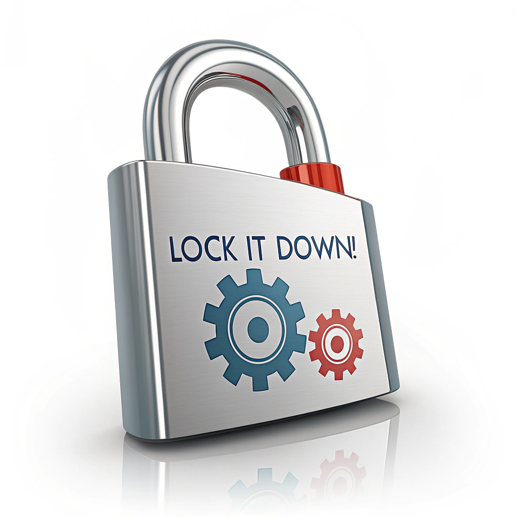 Sub-design 1: A sleek padlock icon merged with a 'settings' gear symbol. The padlock is prominently featured, with 'Lock It Down!' inscribed directly on its metallic body. Colors: cool blues, silver, with a contrasting accent like vibrant orange for the 'locked' indicator.