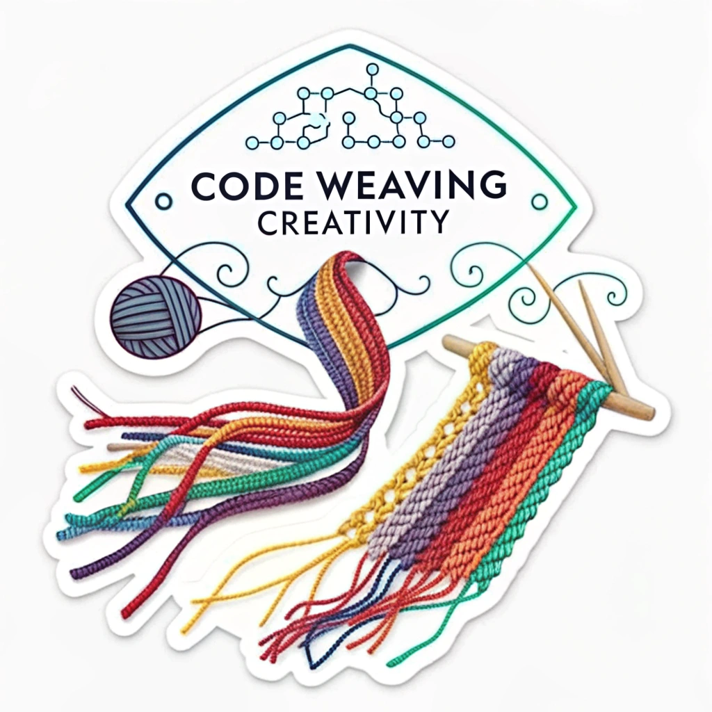 Sticker Design 4: 'Code Weaving Creativity' - Strands of stylized binary code or abstract algorithmic symbols visibly weaving together like threads to form a colorful, textured artistic tapestry, illustrating how AI tools construct creative outputs.