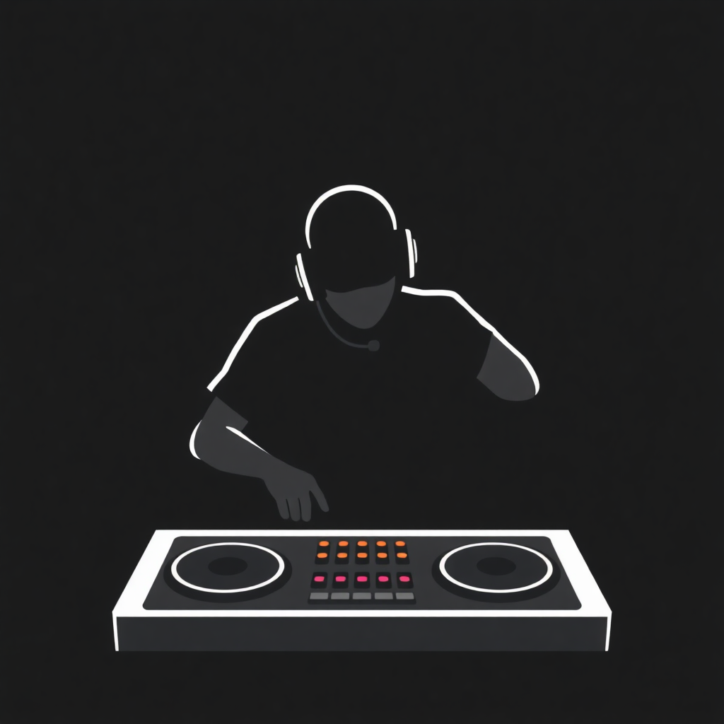 The image is a black and white illustration of a DJ playing music on a turntable. The DJ is wearing a black t-shirt and a pair of headphones on their head. The background is completely black, making the DJ and the turntables the focal point of the image. The image is simple and minimalistic, with no other elements in the background.