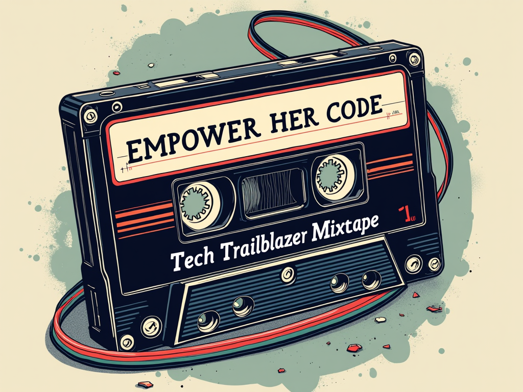 A stylized graphic of a classic cassette tape, reminiscent of those used for loading old computer games or software. The magnetic tape unspools to creatively form the words 'EMPOWER HER CODE'. The label on the cassette tape itself reads: 'Tech Trailblazer Mixtape Vol. 1'.