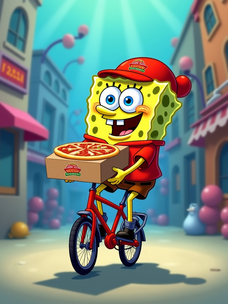 SpongeBob in his pizza delivery uniform, clutching a pizza box as he rides a Krusty Krab themed bicycle through town.