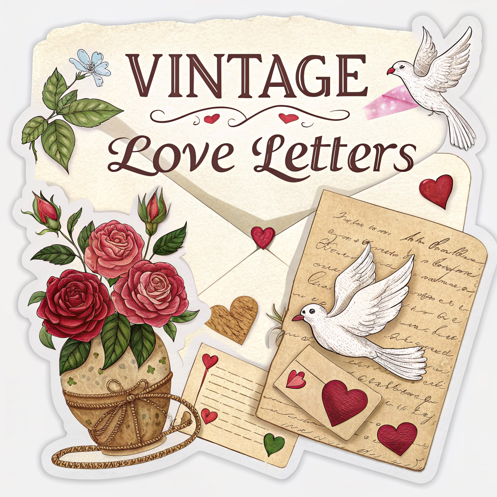 Design stickers featuring vintage love letters with classic fonts and romantic imagery like hearts, roses, and doves. Incorporate aged paper textures and wax seals for an authentic vintage feel.