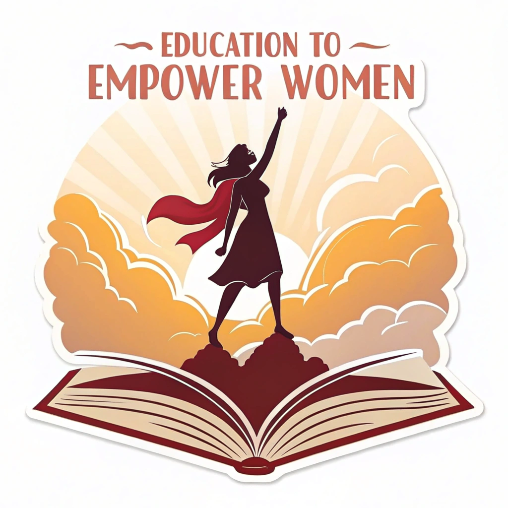 A logo featuring an open book with a female silhouette rising from it, symbolizing the power of education to empower women.