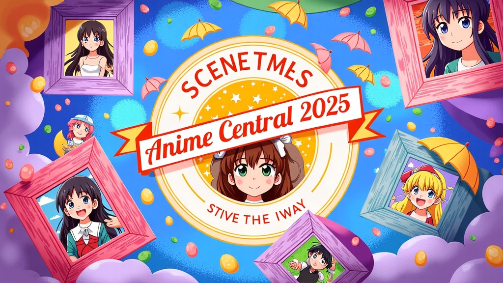 An artwork depicting 'windows' or 'portals' floating in a vibrant, abstract background. Each window showcases a scene or character representing a different anime style or genre, with the 'Anime Central 2025: Celebrating Diversity in Anime Styles' banner prominently integrated.