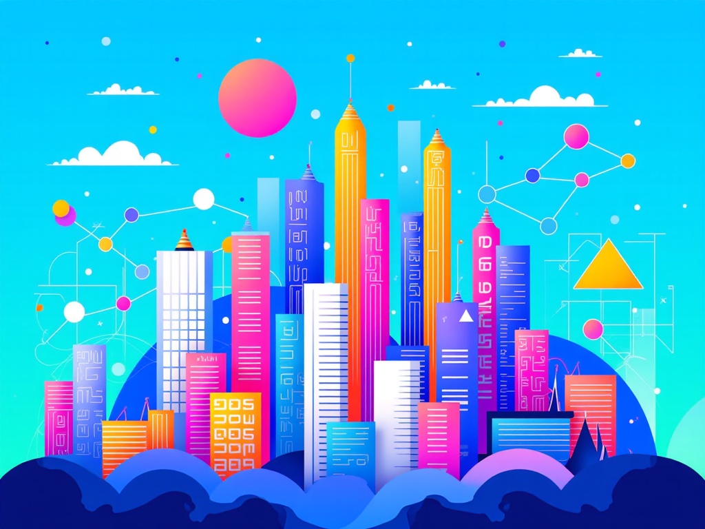 Abstract Data Landscapes: Illustrate complex technology concepts (e.g., AI models, cloud infrastructure) as evolving, abstract landscapes or cityscapes formed from data visualization elements like bar graphs becoming skyscrapers or line charts forming pathways.