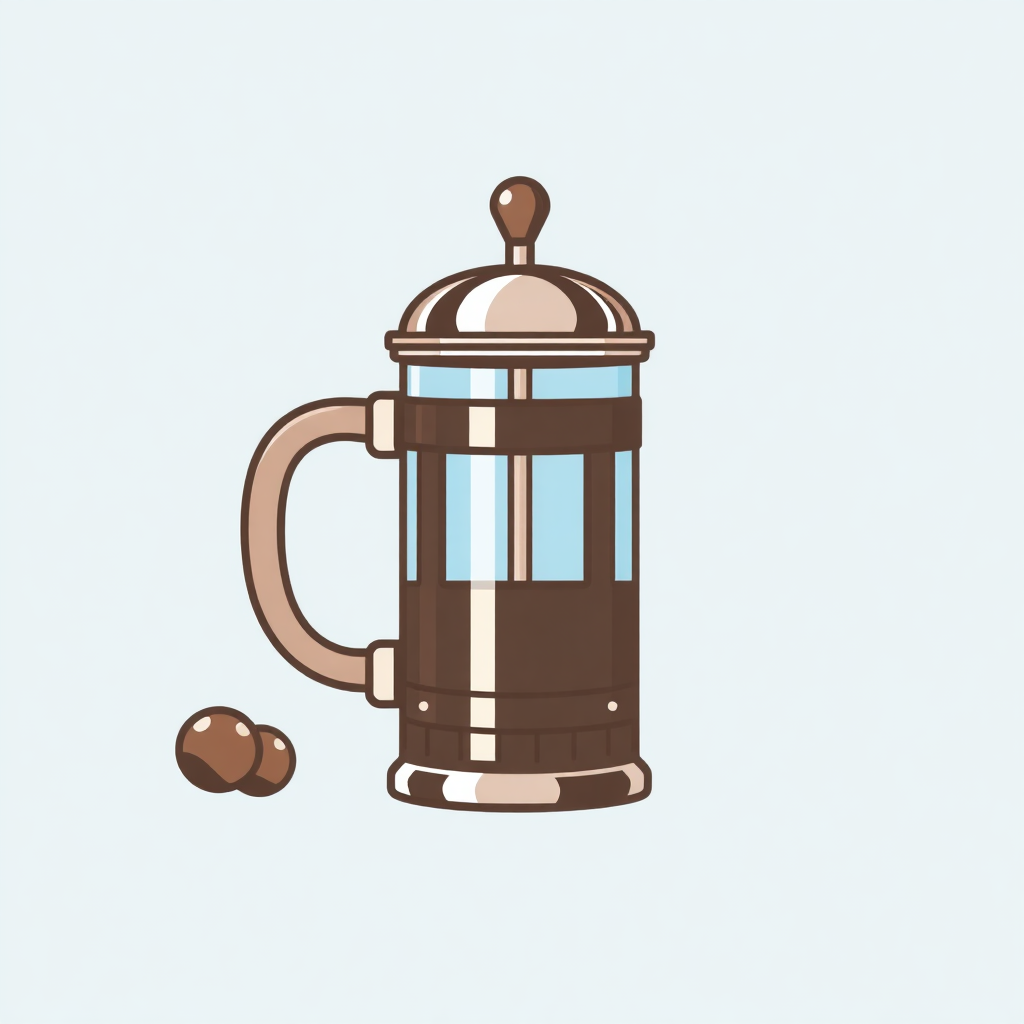 The image is an illustration of a French press coffee maker. It is a cylindrical glass jar with a handle on one side and a spout on the other side. The jar is brown in color and has a lid with a small knob on top. The lid has a blue stripe running down the middle and a small handle on the side. There are two coffee beans on the bottom right corner of the jar. The background is light blue.