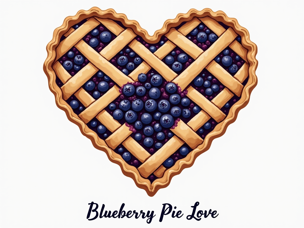 The lattice crust pattern forms a large, central heart shape. Inside the heart, through the lattice gaps, a rich blueberry filling texture is visible. Minimal text like 'Blueberry Pie Love' or the date could be below.