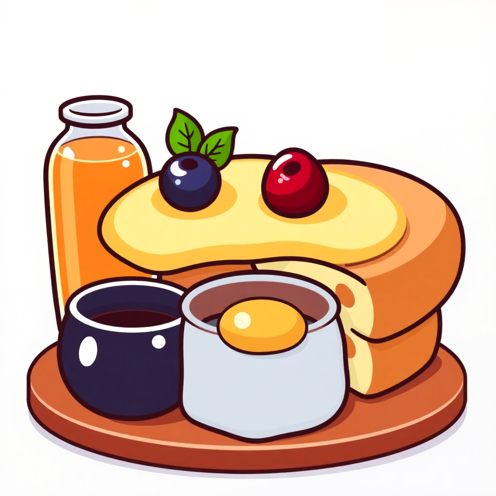 The image is an illustration of a breakfast set. On the left side of the image, there is a bottle of orange juice and a stack of pancakes. The pancakes are golden brown and appear to be freshly cooked. On top of the pancakes, there are two blueberries and two red cherries. Next to the pancakes is a small white bowl with a yellow egg in it. The bowl is filled with a dark liquid, possibly coffee or tea. The background is white.