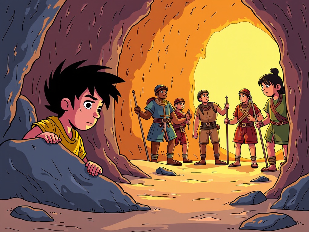 A tense scene showing Ali Baba hidden, peering from behind rocks as the imposing figures of the Forty Thieves and their captain access the magical cave, emphasizing stealth and the peril of his discovery.